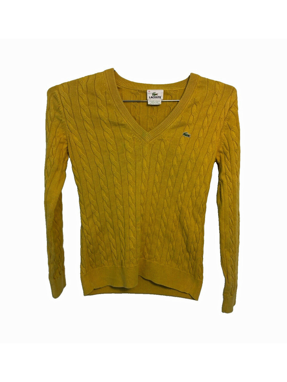 Lacoste Cable Knit V-Neck Sweater Women’s Sz 40 Mustard Gold Cotton VTG AS-IS